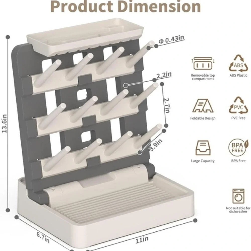 Foldable Baby Bottle Drying Rack BPA-Free Large Capacity Vertical Organizer Gray